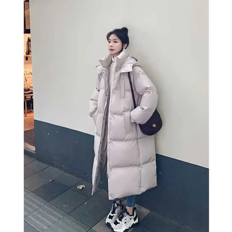 New Women's Blue Down Jacket Hooded Long Cotton Clothes Winter Warm Thicken Windproof Korean Fashion Loose Oversized Coat Tops