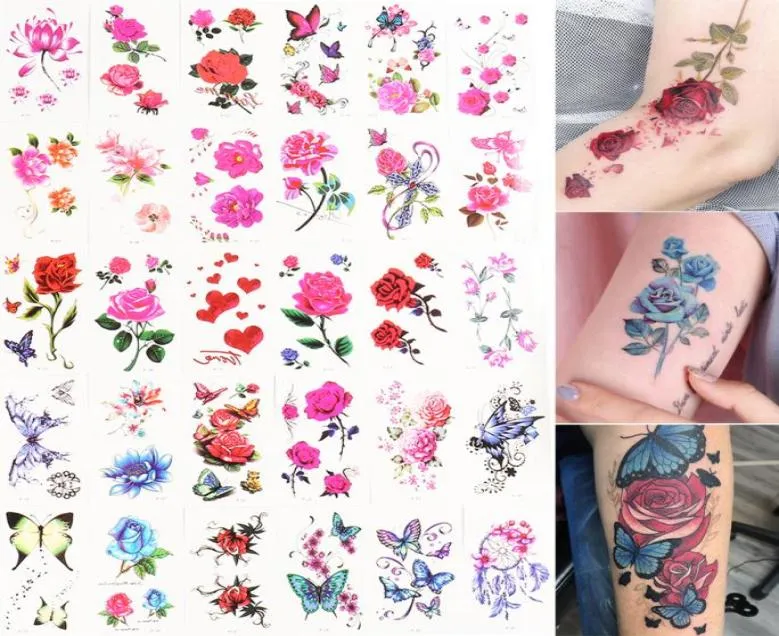 Autocollants de tatouage à transfert d'eau de fleur de Rose, lot de 30 pièces, papillon pour femmes, corps, bras, fausses manches, décorations artistiques temporaires, 1211979