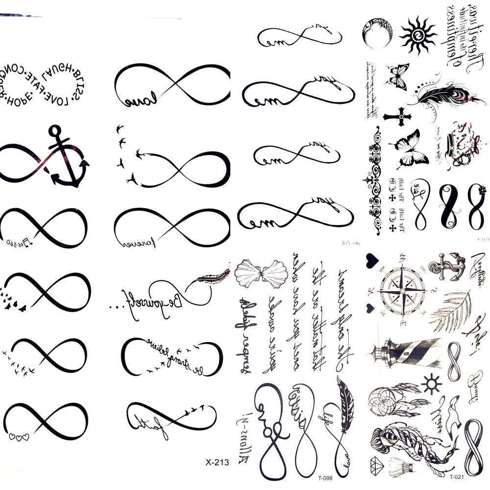 Waterproof Nautical Temporary Tattoos Set Black Infinity, Feather