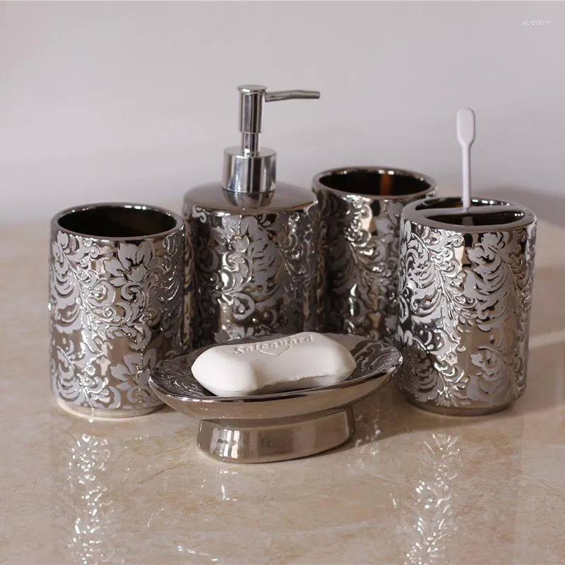 Badtillbehör Set Silver Ceramics Five Piece Gifts Soap Bottle Gurgle Cup Dish Tooth Brush Holder Tvätt Tools Badrum Toalettetri
