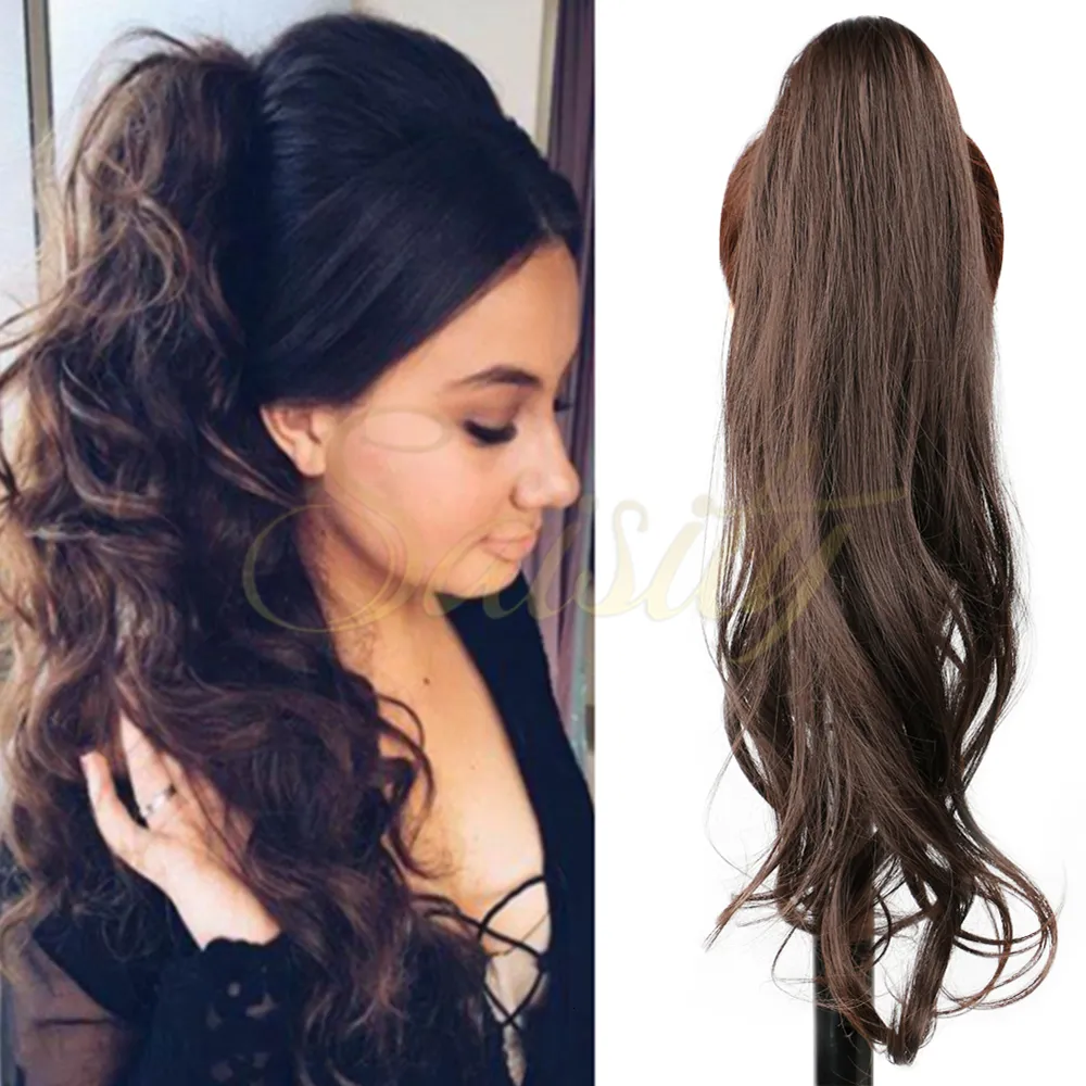 Long Wavy Curly Ponytail Hair Extensions Synthetic 32 Inch Brown Auburn 32 Inch Drawstring Ponytail Extension | Long Curly Wavy  main image 3