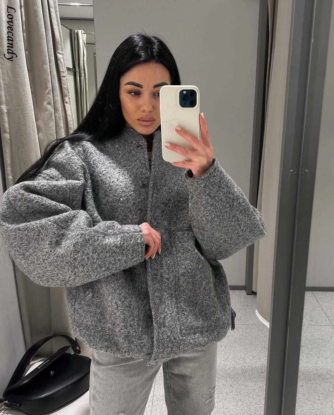 Vestes femme avec boutons Bombers gris à manches longues manteau dame chaud avec poches veste zippée printemps hiver nouveau