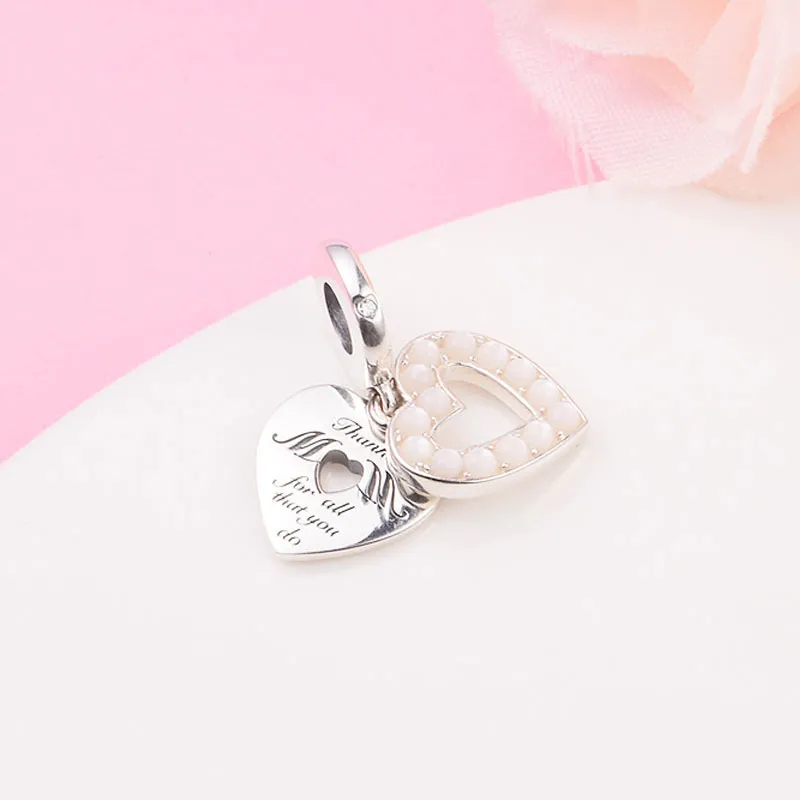 925 Sterling Silver Pearlescent White Heart Mamma Dubbel pärla passar europeiska smycken Pandora Style Charm -armband