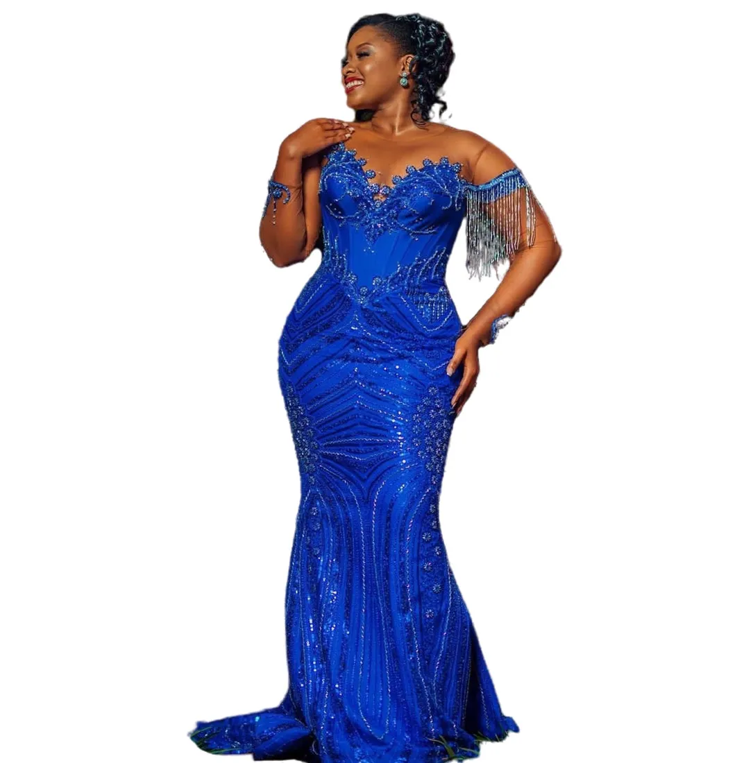 2023 Árabe Aso Ebi Royal Blue Mermaid Prom Dress Lantejoulas Lace Vestidos de Noite Frisado Aniversário Noivado Segundo Vestido Vestido Mulheres Formal Wear WD039
