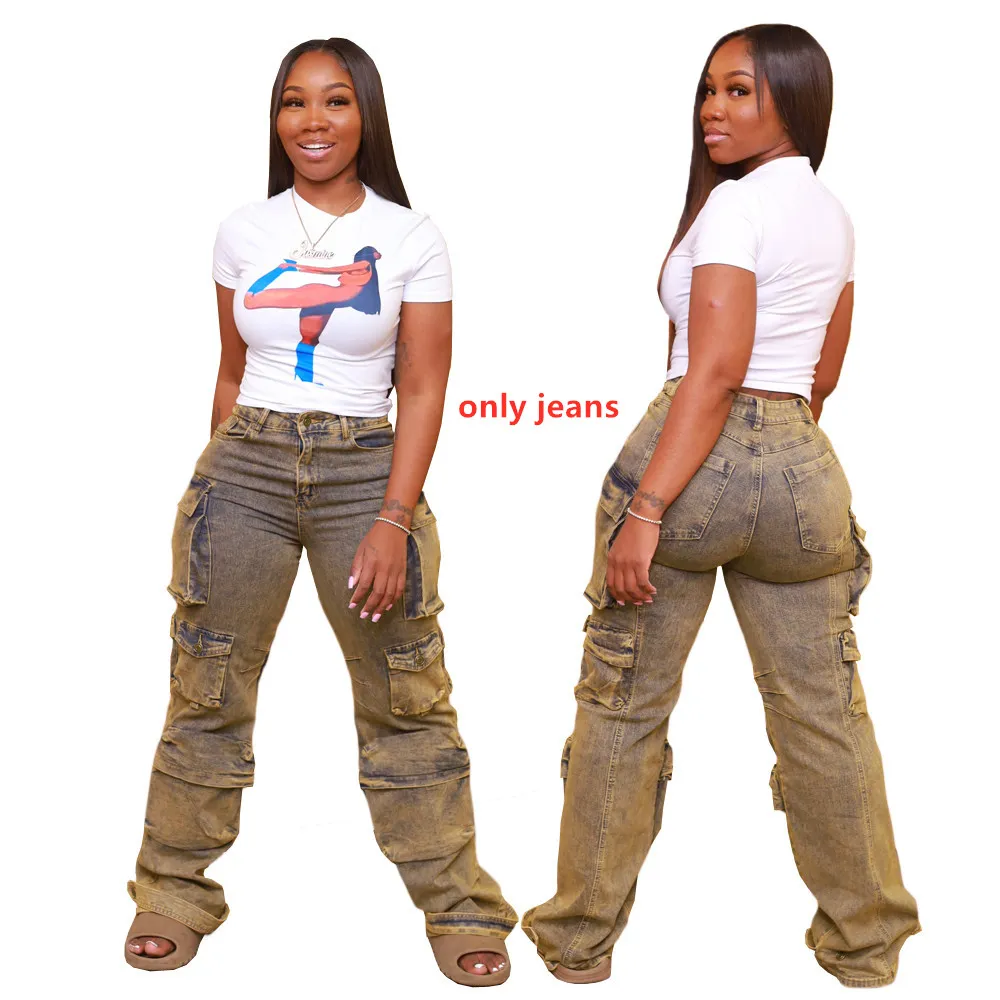 NOUVEAU Designer Vintage Cargo Pants Jeans pour femmes Y2k taille haute droite Baggy Jeans Casual Chic Wahsed Femme Pantalon avec poches en vrac Vêtements en gros 9649
