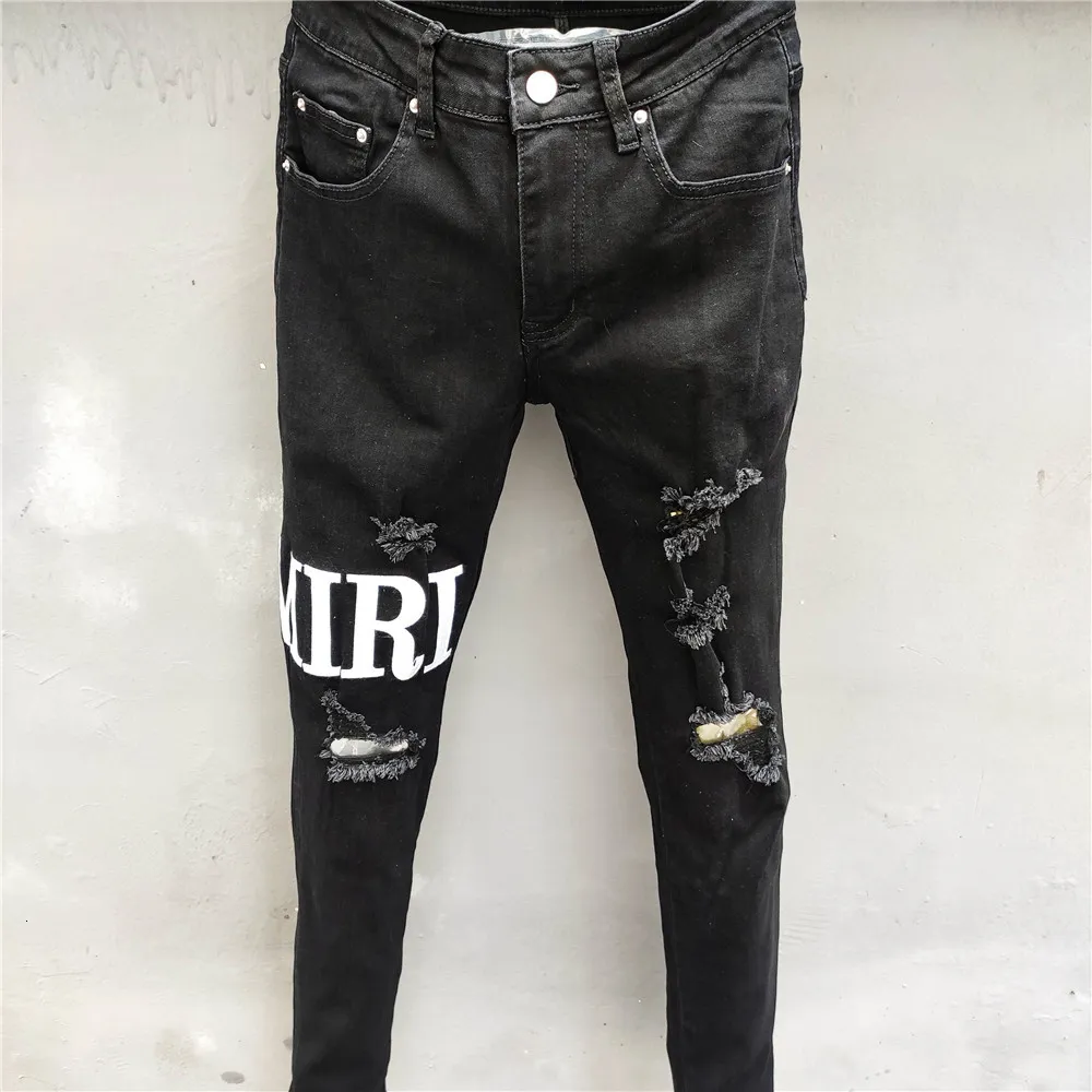 Mens Jeans High Street Embroider Letter Fashion Designer Ripped Hole Slim Fit Trousers Hip Hop Dance Party Black 230404