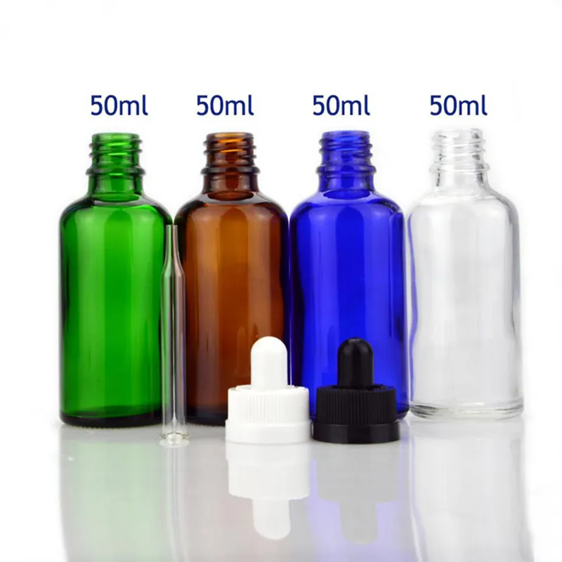 Transparent Amber Blue Green Empty Glass Dropper Bottles 50ml Essence Cosmetic Serum Container with Black White Childproof Cap