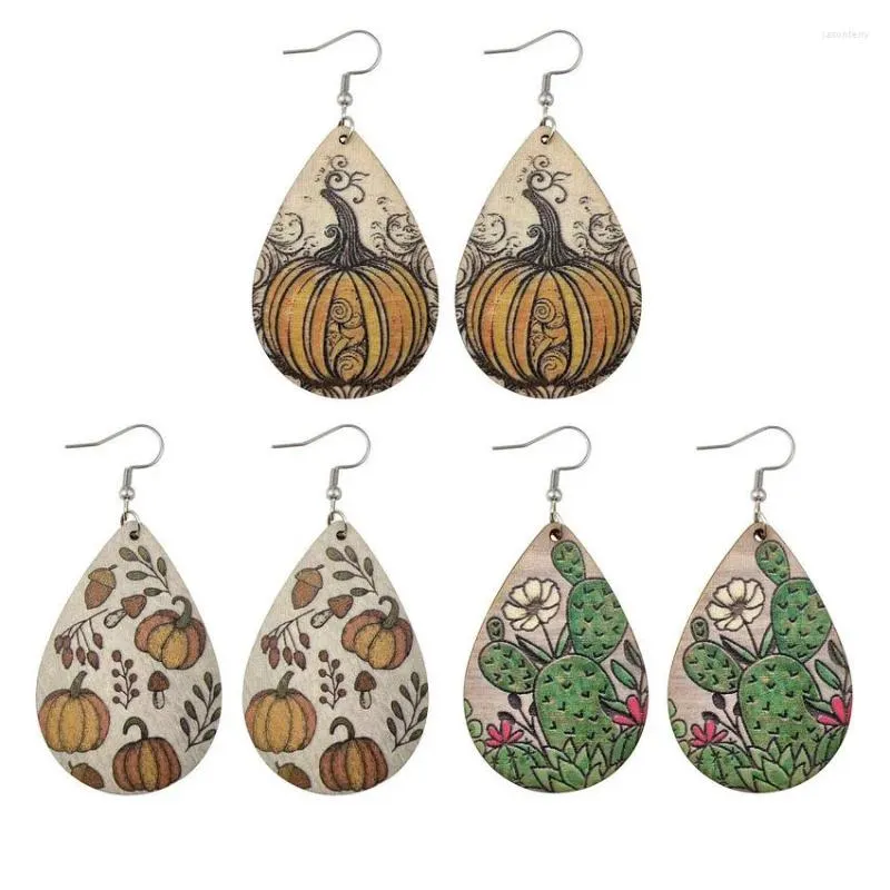 Boucles d'oreilles pendantes en bois pour femmes, imprimé citrouille, goutte d'eau, Cactus occidental en fleurs, bijoux Cowgirl, vente en gros, automne