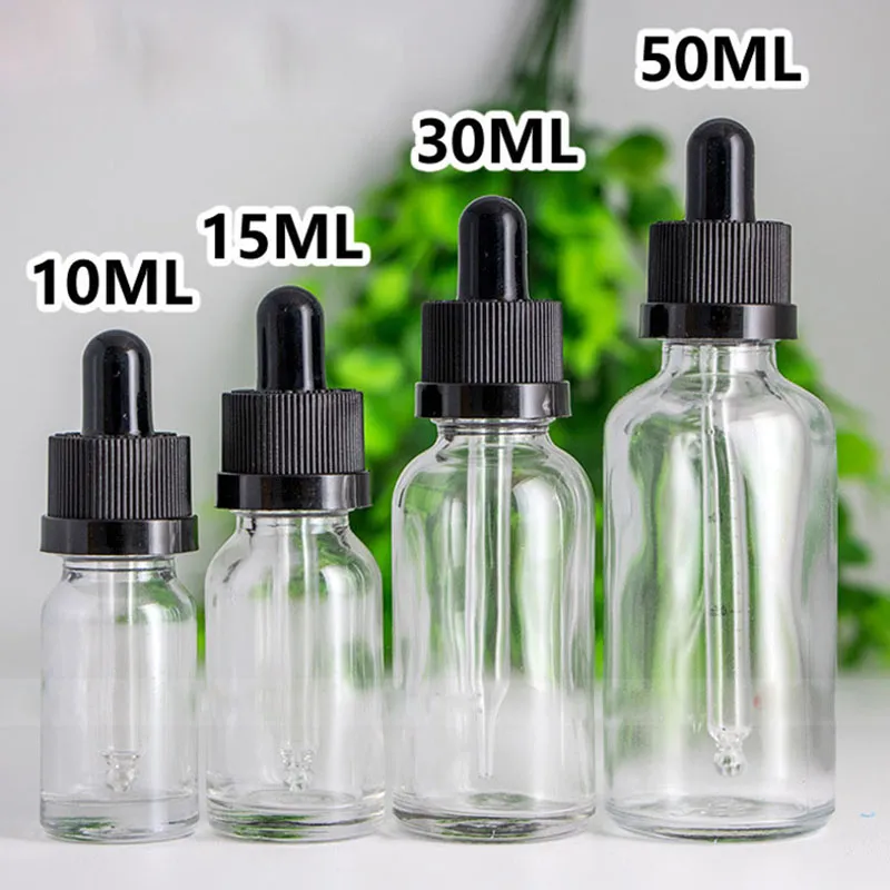 Garrafas de vidro sérico de óleo essencial transparente com conta -gotas 10ml 15ml 30ml 50ml Recipiente cosmético com tampa à prova de criança