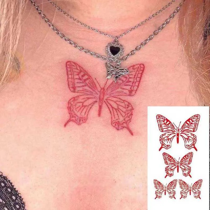 5 PC tatouages temporaires papillon rouge tatouages temporaires imperméable coloré bras poignet poitrine faux tatouage autocollants pour femmes Grils Flash décalcomanies Tatoos Z0403