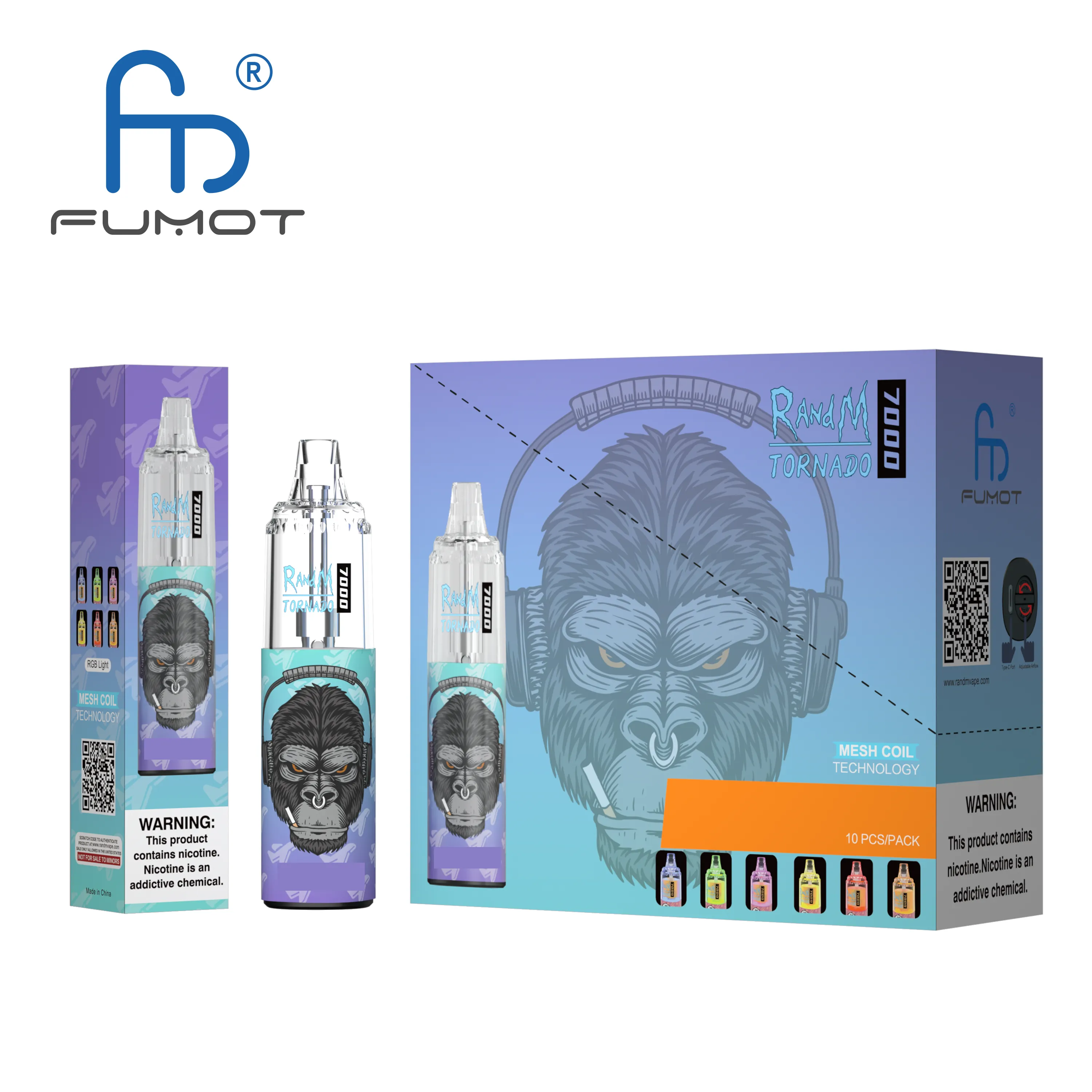 Original fumot tornado 7000 cigarro eletrônico descartável RandM 7000 RGB Vape Pod 56 cores disponíveis