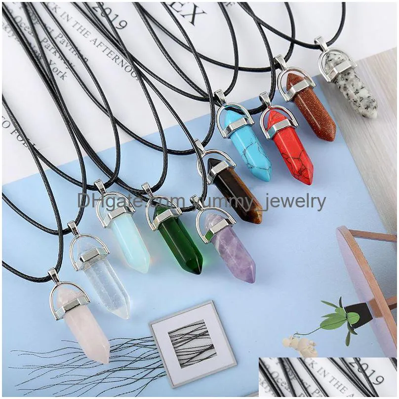 Pendentif Colliers Nouveaux colliers de prisme hexagonal pour femmes hommes cristaux de guérison naturels Quartz Point pierre pendentif chaîne corde chaînes F Dhr5K