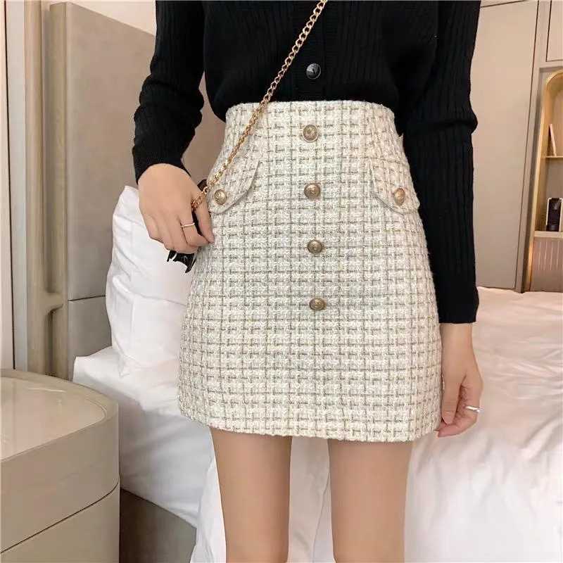 Skirts Plaid Tweed Office Lady High Waist Mini Skirt Woolen Clubwear Vintage Buttons Black White Plus Size Zipper Shorts SkirtSkirts