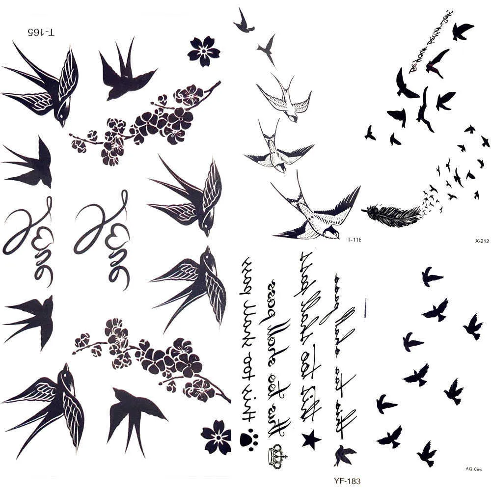 5 PC Temporary Tattoos Cute Swallow Bird Feather Temporary Stickers Flower Branch Letter Water Transfer Tattoo Women Body Chest Arm Art Tattoo Men Hand Z0403