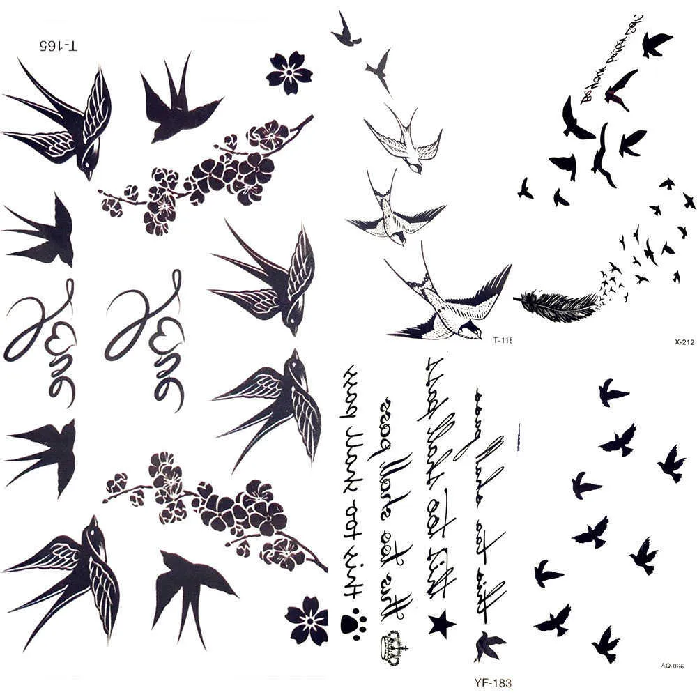 5 PC Tatouages Temporaires Mignon Hirondelle Oiseau Plume Autocollants Temporaires Fleur Branche Lettre Transfert D'eau Tatouage Femmes Corps Poitrine Bras Art Tatouage Hommes Main Z0403