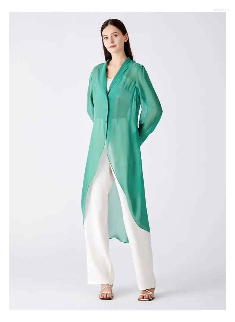 Женские плащи из чистого шелка, жоржет, зеленый однобортный прямой жакет с v-образным вырезом и длинными рукавами, свободное и универсальное пальто FE379