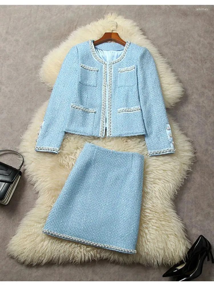 Blue Tweed Two Piece Woolen Dress Set For Women High Waist Beaded