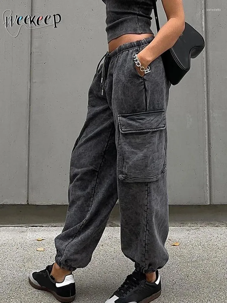 Spodnie damskie Weekeep duże kieszenie dresowe sprężyste niskoprośne workowate worka szary cargo grunge 2000s swobodne spodnie dla kobiet harajuku capris y2k