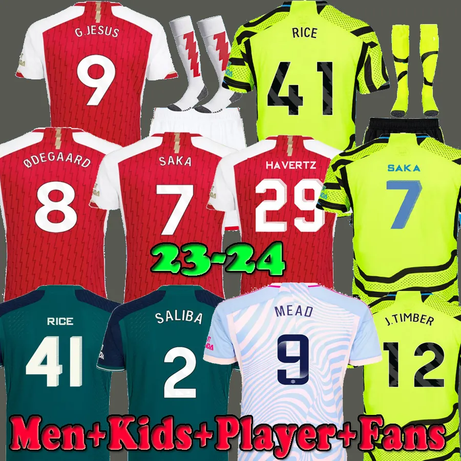 23 24 Jerseys de football Riz Jorginho Havertz Jésus Smith Rowe Saka Version du joueur des fans Trossard Martinelli Tierney 2023 2024 Chemise de football en bois Hommes Kit enfants 3ème ensemble