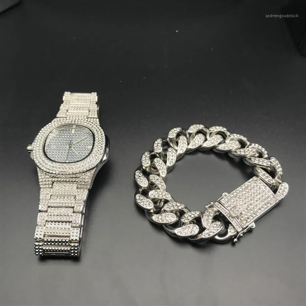 Hip Hop Mens Watches Armband Set Fashion Diamond Iced Out Cuban Chain Gold Silver Watch Set med Box 20191280i