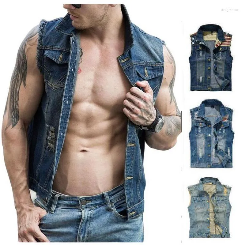 Chalecos de hombre Chaleco de mezclilla Hombres Punk Remache Vaqueros de vaquero Moda Hombre Chaleco al aire libre Chaqueta sin mangas 11 Color