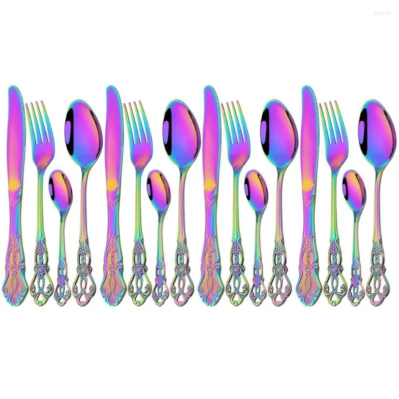 Zestawy naczyń obiadowych 16PCS Kolorowy zestaw vintage lustrzane noża noża łyżeczki sztućców stolicznych naczynia stolika ze stoli