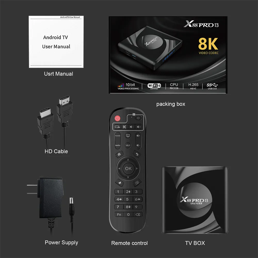 X88 PRO 13 Smart TV Box Android 13 TV Box RK3528 8K HD WIFI 6 2GB 16GB 4GB 32GB 64GB Dual Band 5G WIFI BT5.Top Box
