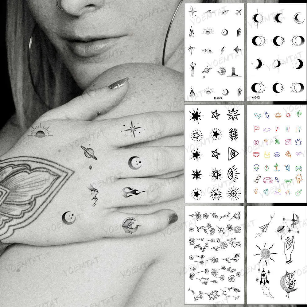 5 PC tillfälliga tatueringar Vattentät tillfällig tatuering klistermärke Mini Small Pattern Moon Sun Black Tatto Hand Fake Tatoo Man Woman Flash Tattoos Art Z0403