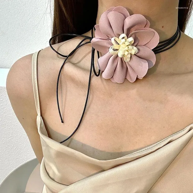 Choker Elegante Gotische Roze Grote Bloem Sleutelbeen Keten Ketting Vrouwen Wo Bruids Mariage Sexy Verstelbare Sieraden Y2K Accessoires