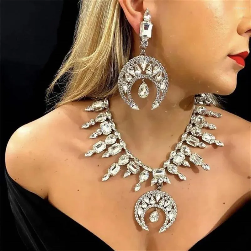 Choker 2023 Chunky Gem Rhinestone Bridal Moon Pendant Necklace Earrings Jewelry Sets For Women Charm Geometric Collar