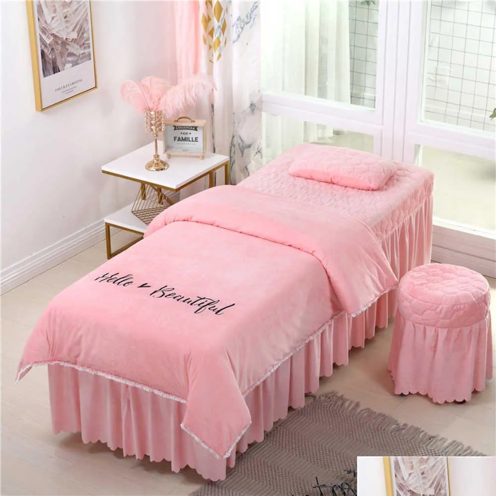 Conjuntos de ropa de cama 4 unids Beautif Beauty Salon Mas Spa Uso Coral Veet Bordado Edredón Er Falda de cama Hoja de edredón Entrega de gota personalizada Inicio Ga Dh67C