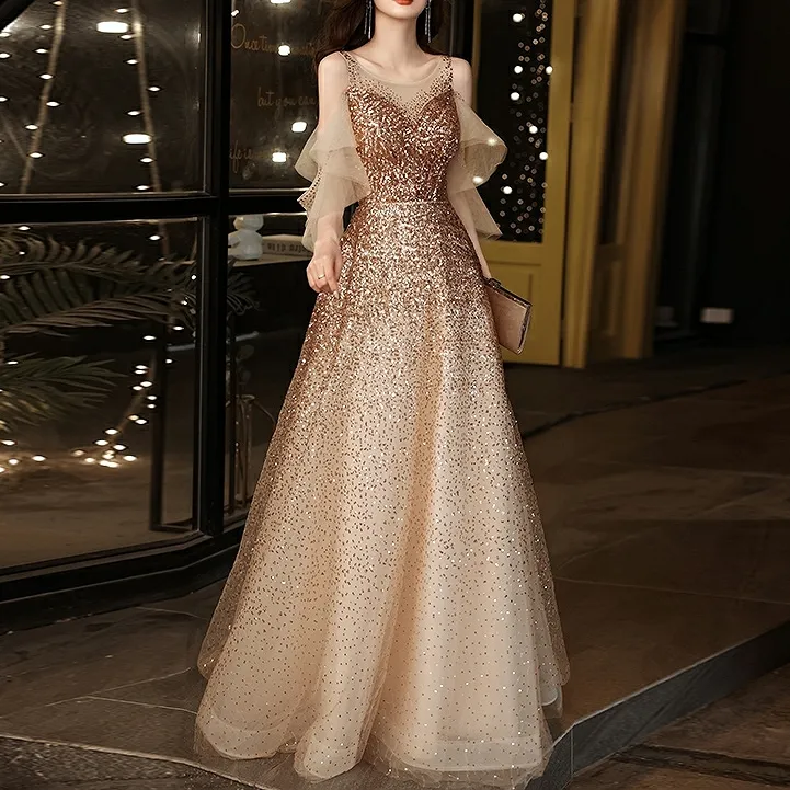 green emerald velvet dress Rose Gold Tulle Maxi Dress with Sequin Top main image 0