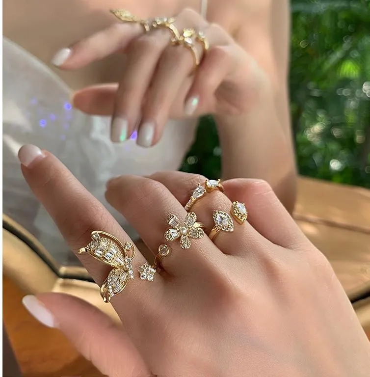 Anéis de casamento Sterling Sterling Packable Ring fofo Flores de borboleta abrindo festa de zircão redimensível para femonewedding