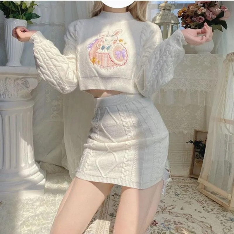 Robes de travail Sweet Women Sets Tricoté O-Neck Full Sleeve Casual Crop Tops Kawaii Broderie Pulls Mini Knit Jupes Costume White Outfit