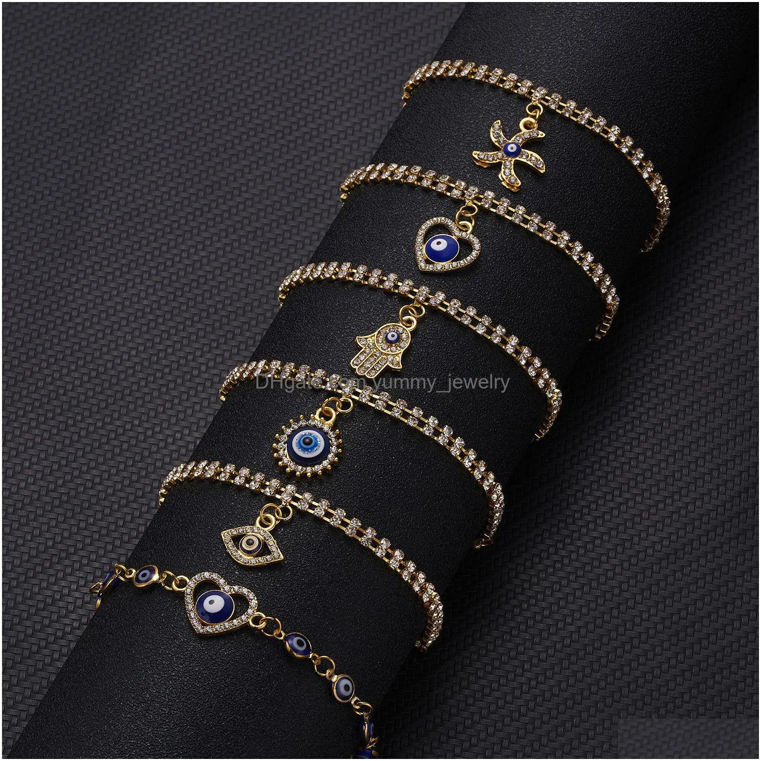 Bracelets de charme Nouveau Blue Evil Eye Bracelets pour femmes Main Coeur Étoile de mer Charme Cristal Tennis Chaîne Bange Femme Mode Fête Bijoux Dhvhc