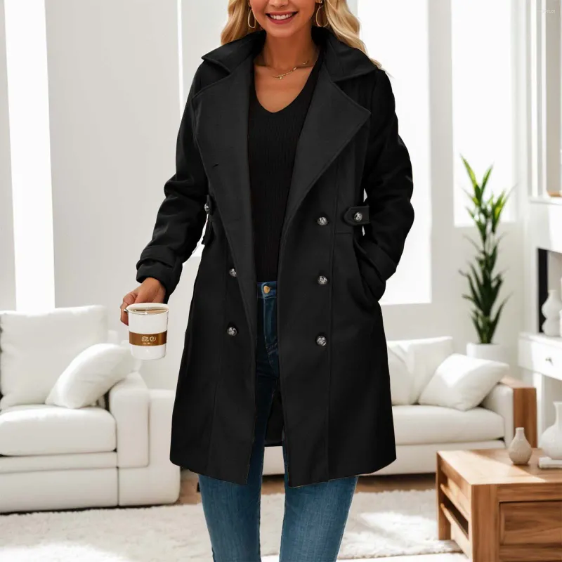 Женские куртки, женское шерстяное пальто с лацканами, однотонное утолщенное шерстяное офисное пальто с отложным воротником средней длины