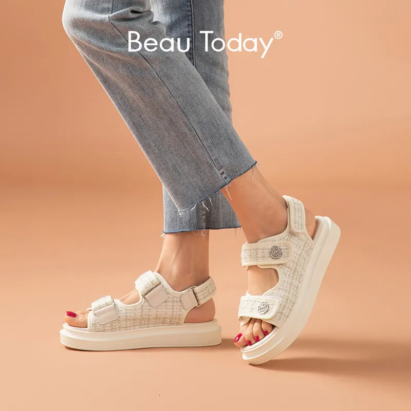 Sandali BeauToday Sandali con plateau Donna Lattice Punta tonda Gancio ad anello Plaid Panno Estate Casual Scarpe da esterno da donna fatte a mano 38161 230403