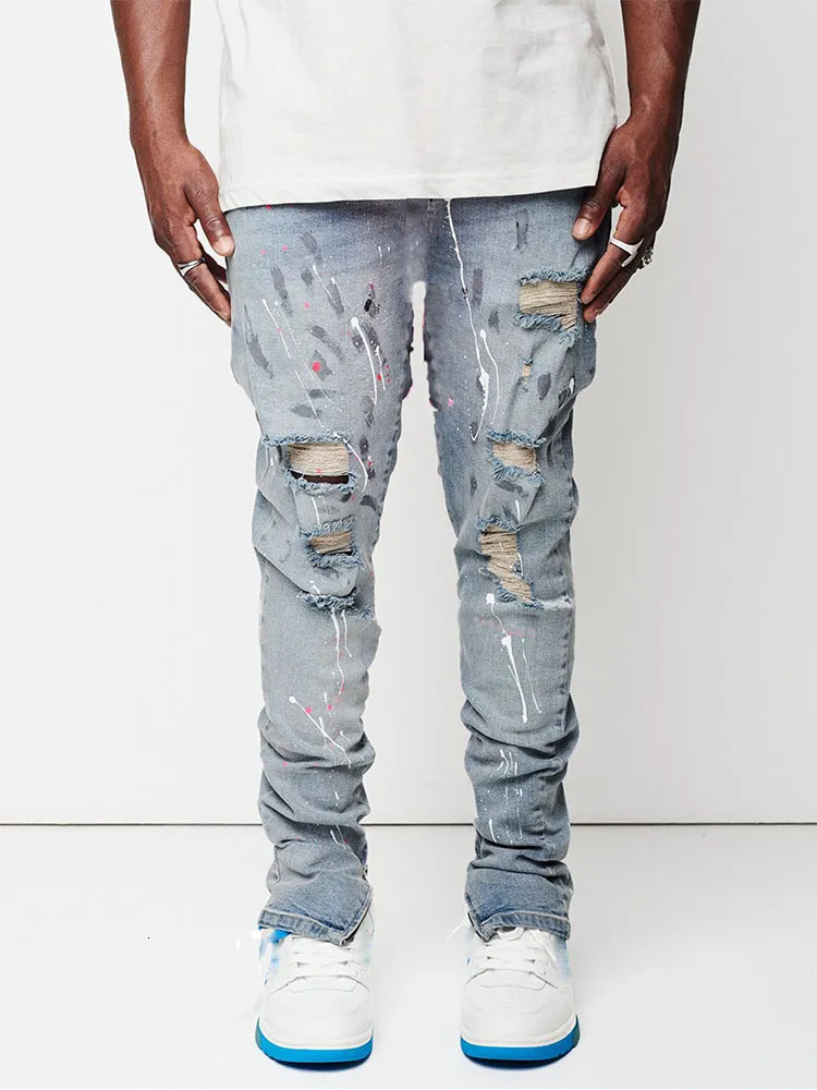 Мужские брюки дизайн джинсы Man Paint Slim Fit Cotton Ruped Denim Pants Conto Hollow Out Blue для уличной одежды 230403
