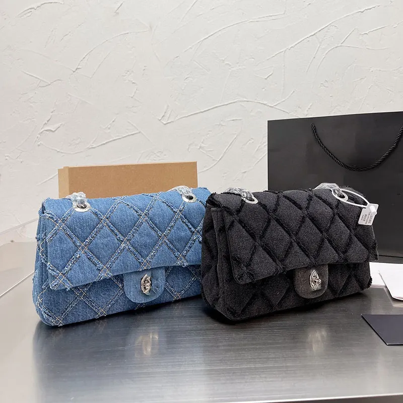 Women s Denim and Black Quilted Shoulder Bag with Silver Chain Hardware Casual Everyday Handbag with Cell Phone Pocket