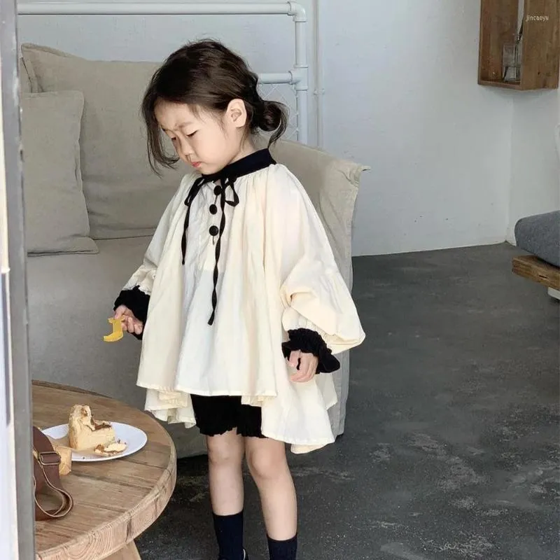 Vestidos para niña, camisa de muñeca Hepburn para niños, blusa de princesa coreana o pantalones cortos con lazo de Color contrastante para primavera 2023