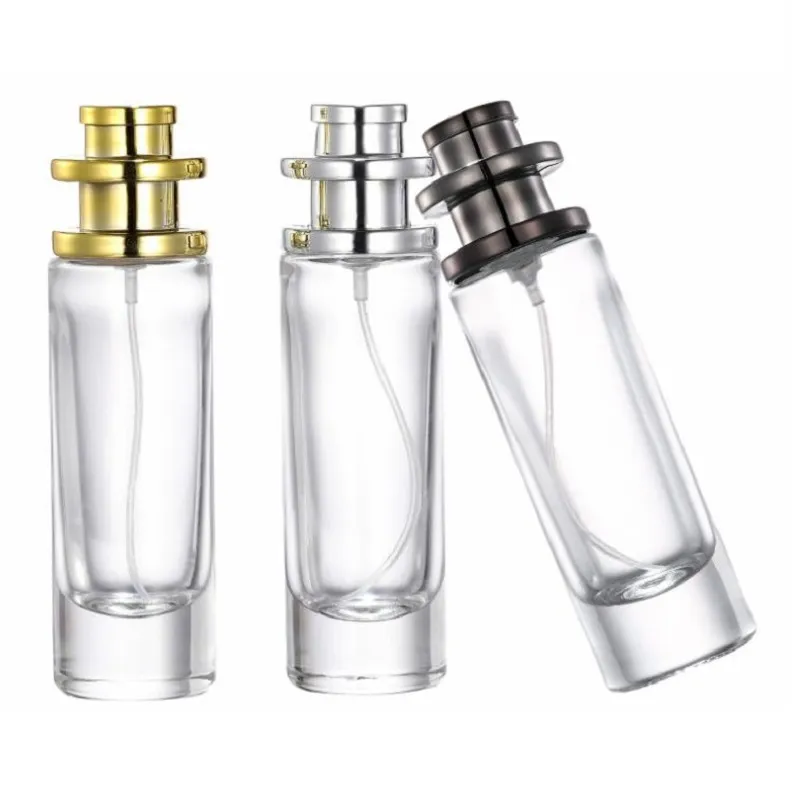 補充可能な香水ガラスボトル30mlパッキング空いている丸い形状ポータブルコンテナゴールドシルバーカバースパリアプレスポンプパッケージ化粧品化粧品