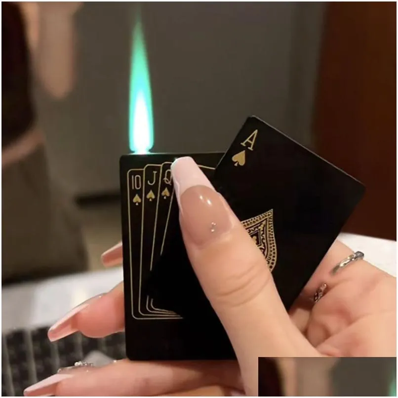 Isqueiros Creative Jet Tocha Verde Chama Poker Isqueiro Metal À Prova de Vento Jogando Cartão Novel Brinquedo Engraçado Acessórios para Fumar Presente Drop Deliv Dh3Kn