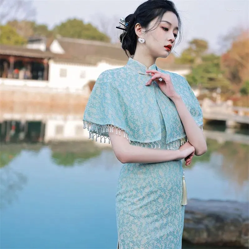 Ethnic Clothing Chinese Women Chiffon Cheongsam With Beaded Tassel Shawl Short Sleeve Elegant Mandarin Collar Knee-Length Qipao Dress