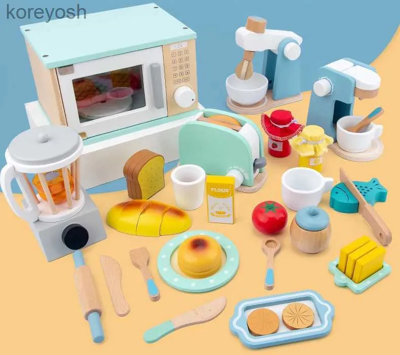 Kitchens Play Food Wooden Kitchen Imaginary House Toy Simulation Toaster Coffee Machine Food Stirrer Children's Play House Toy Early Education GiftL231104
