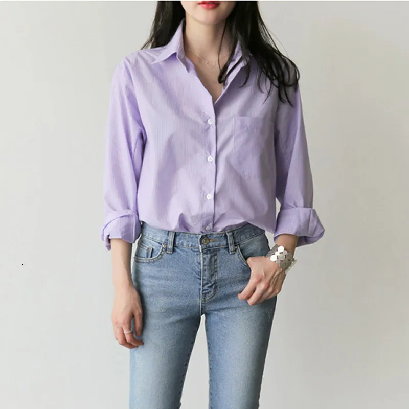 Women's Blouses Shirts Spring Women's Shirt Striped Bottom Neckline Office Women's Top Full Sleeve Women's Shirt Light Purple Fashion Women's Top Blue 230404