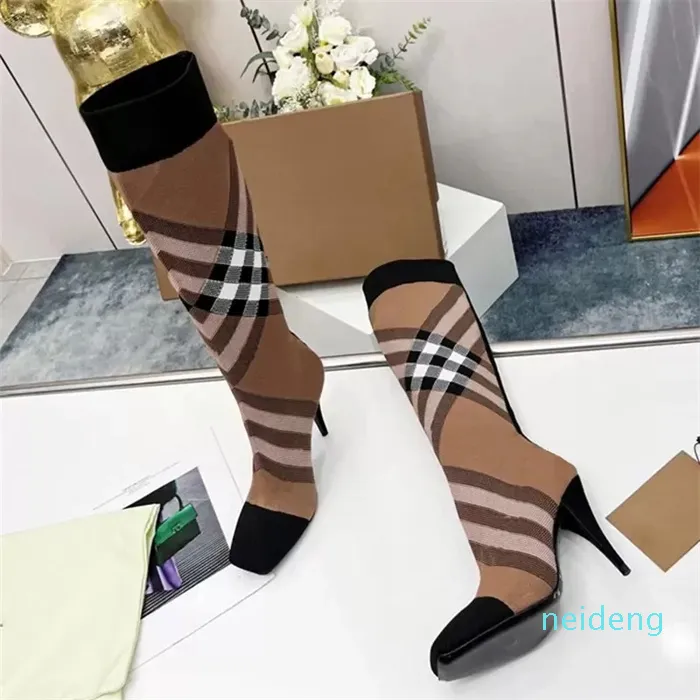 Womens Check Knit Sock Stiletto Heels Over The Knee Boots For Party Woman Luxury Fall Winter Designer