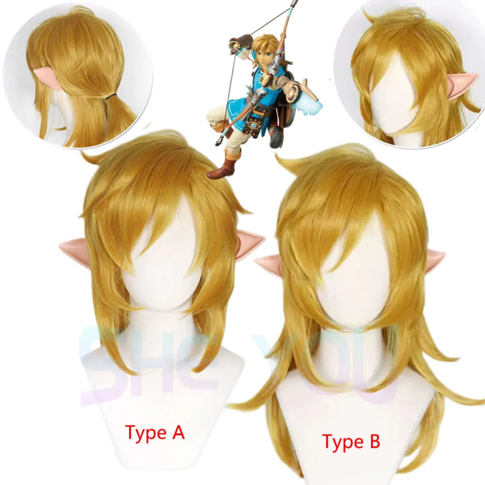 Zelda: Breath of the Wild Link, queue de cheval dorée, Costume de Cosplay, cheveux résistants à la chaleur + bonnet de perruque gratuit