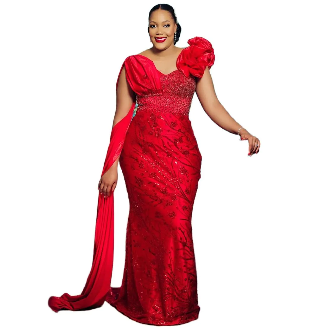 2023 arabe Aso Ebi rouge sirène robe de bal paillettes dentelle robes de soirée perlée col en V anniversaire fiançailles deuxième robe robe femmes vêtements de cérémonie WD036