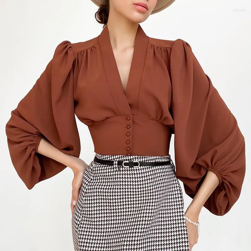 Women's Blouses Fashion Design Chiffon Women Shirts Summer 2023 Solid Lantern Sleeved Short Slim Empired Elegant Office Lady Outwear Tops