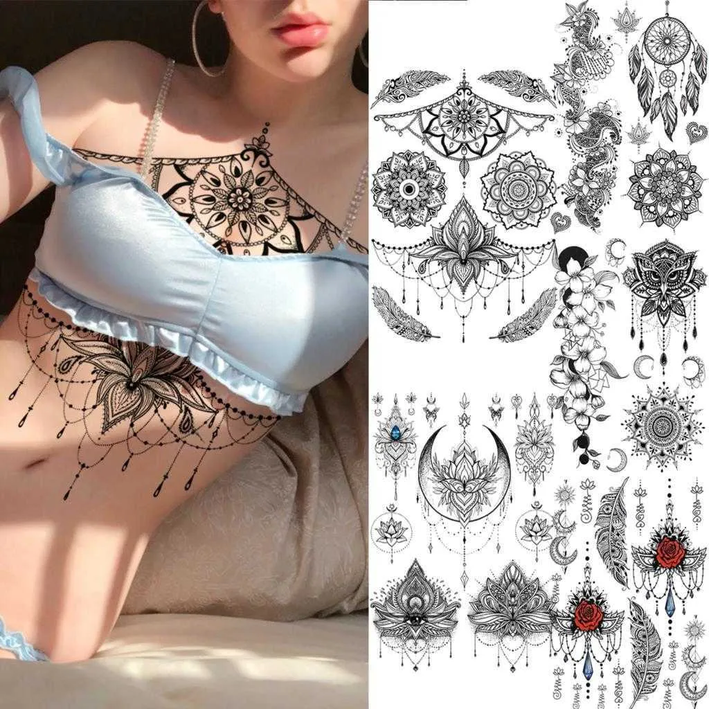 5 PC Tymczasowe tatuaże 3D Lotus Seksowne wisiorek Tymczasowe tatuaże dla kobiet dorosłych mandali kwiaty Fiathers Fałszywe naklejki tatuażu Underboob Tatoo Decal Z0403
